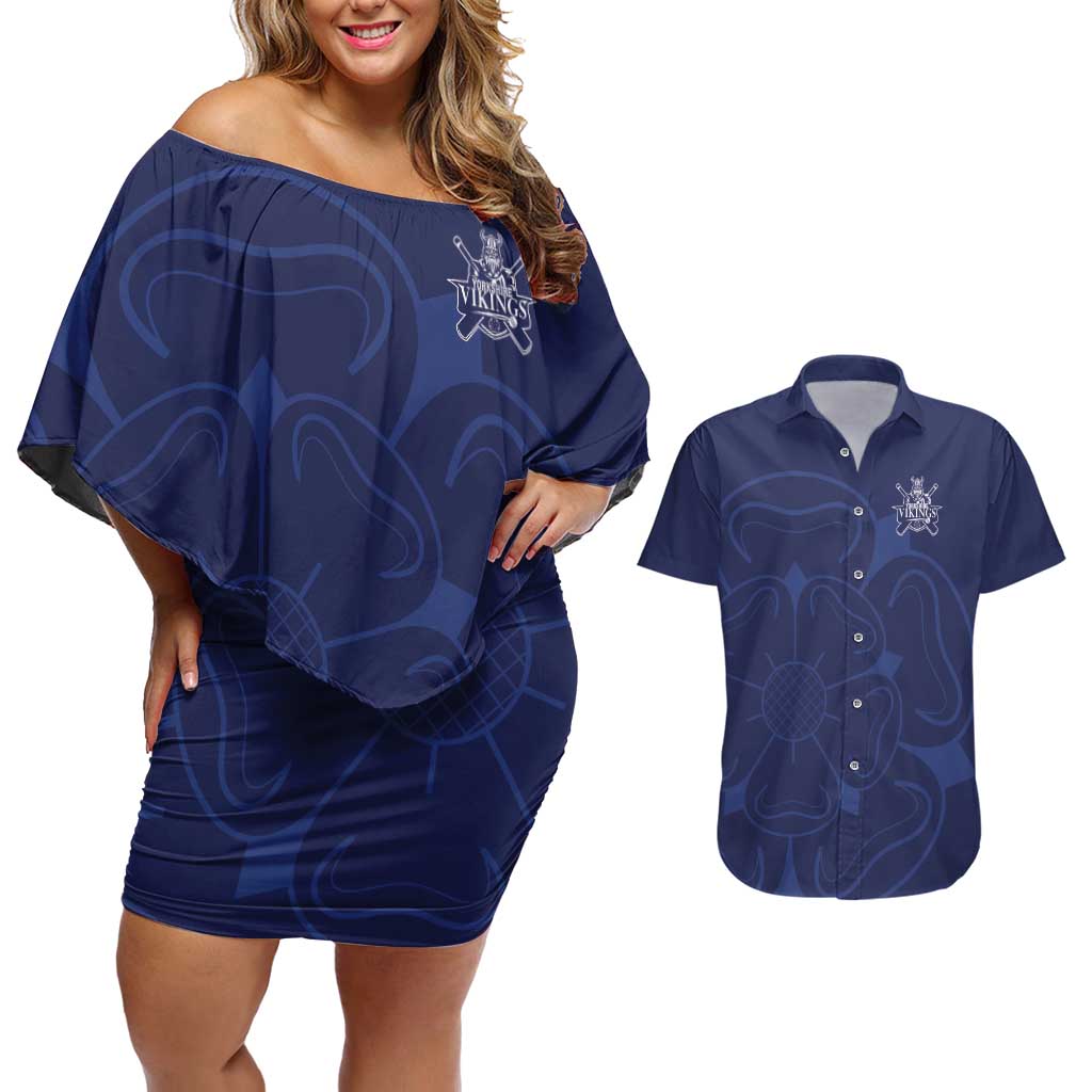 Custom Yorkshire Viking Spirit Couples Matching Off Shoulder Short Dress and Hawaiian Shirt White Rose of York Navy Version - Wonder Print Shop