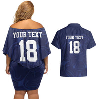 Custom Yorkshire Viking Spirit Couples Matching Off Shoulder Short Dress and Hawaiian Shirt White Rose of York Navy Version - Wonder Print Shop