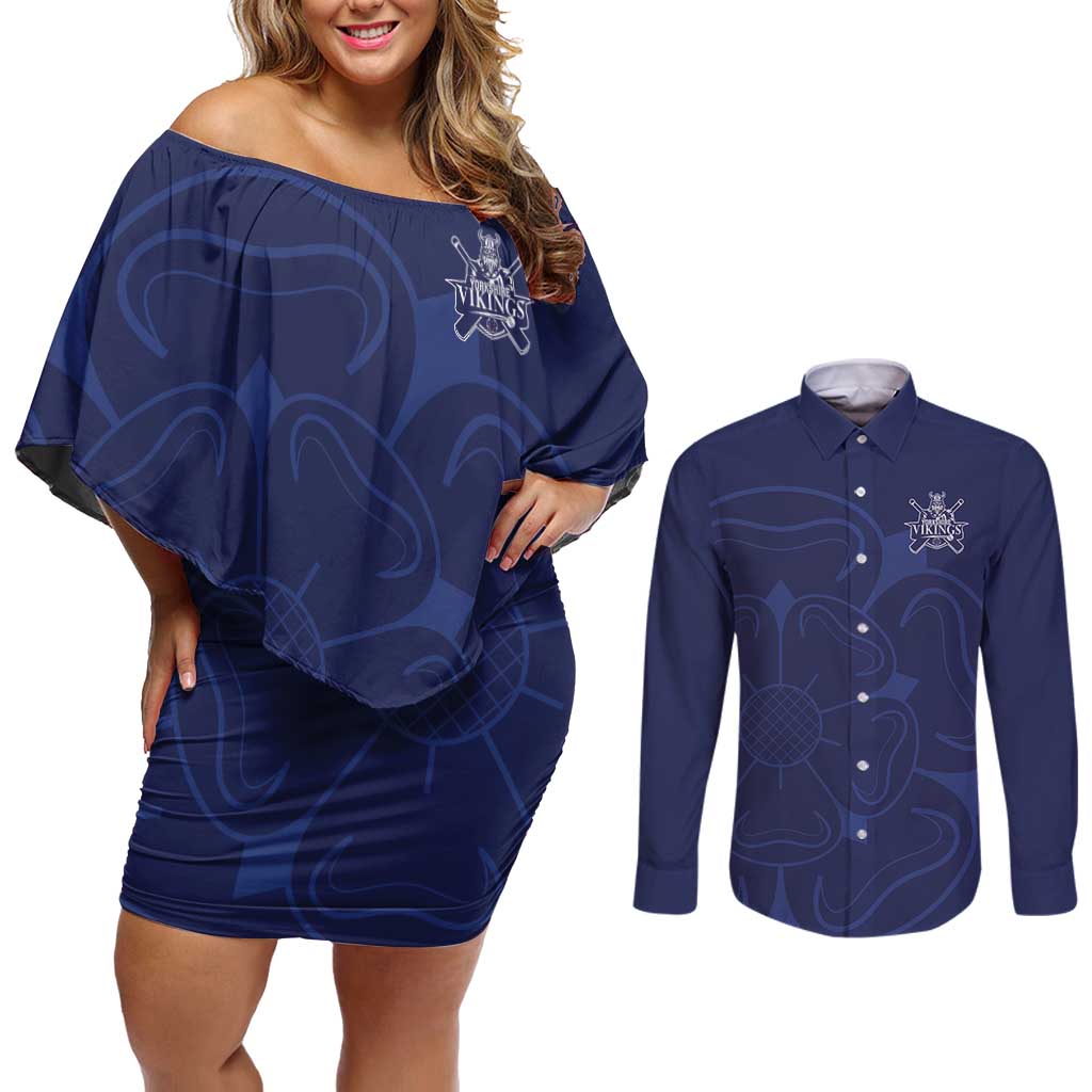 Custom Yorkshire Viking Spirit Couples Matching Off Shoulder Short Dress and Long Sleeve Button Shirt White Rose of York Navy Version - Wonder Print Shop