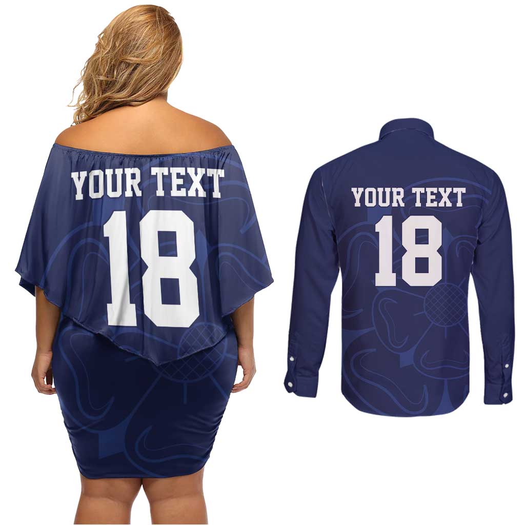 Custom Yorkshire Viking Spirit Couples Matching Off Shoulder Short Dress and Long Sleeve Button Shirt White Rose of York Navy Version - Wonder Print Shop