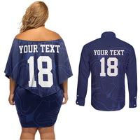 Custom Yorkshire Viking Spirit Couples Matching Off Shoulder Short Dress and Long Sleeve Button Shirt White Rose of York Navy Version - Wonder Print Shop