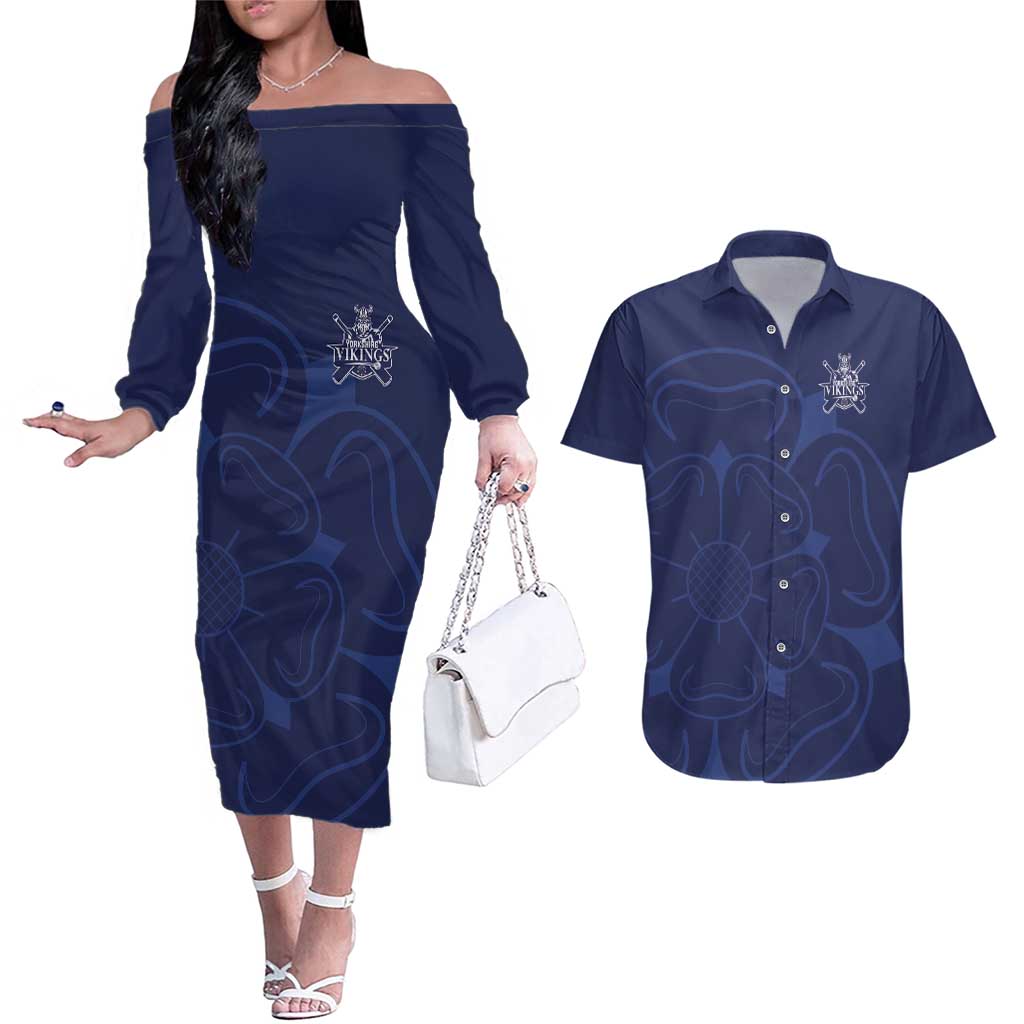 Custom Yorkshire Viking Spirit Couples Matching Off The Shoulder Long Sleeve Dress and Hawaiian Shirt White Rose of York Navy Version - Wonder Print Shop