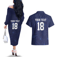 Custom Yorkshire Viking Spirit Couples Matching Off The Shoulder Long Sleeve Dress and Hawaiian Shirt White Rose of York Navy Version - Wonder Print Shop