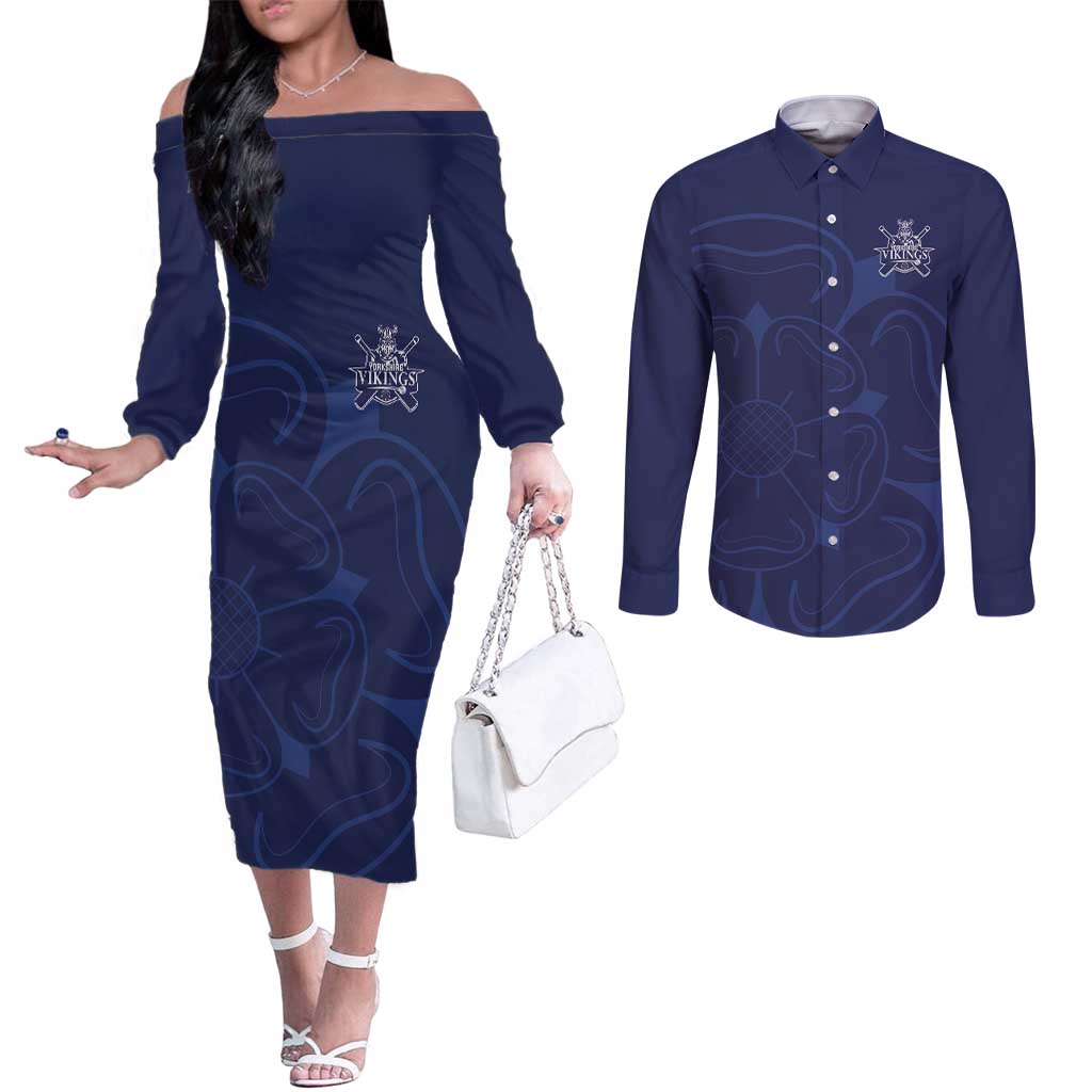 Custom Yorkshire Viking Spirit Couples Matching Off The Shoulder Long Sleeve Dress and Long Sleeve Button Shirt White Rose of York Navy Version - Wonder Print Shop