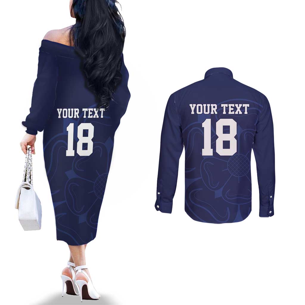 Custom Yorkshire Viking Spirit Couples Matching Off The Shoulder Long Sleeve Dress and Long Sleeve Button Shirt White Rose of York Navy Version - Wonder Print Shop