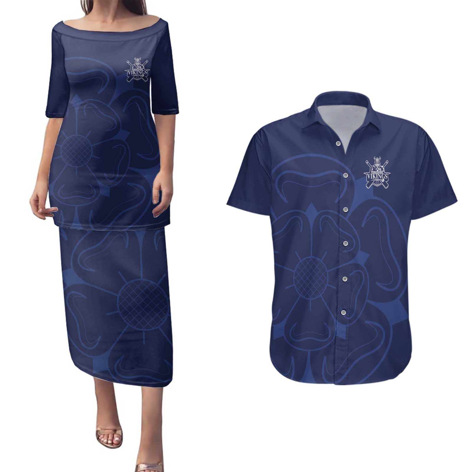 Custom Yorkshire Viking Spirit Couples Matching Puletasi and Hawaiian Shirt White Rose of York Navy Version - Wonder Print Shop