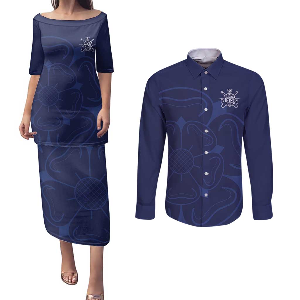 Custom Yorkshire Viking Spirit Couples Matching Puletasi and Long Sleeve Button Shirt White Rose of York Navy Version - Wonder Print Shop