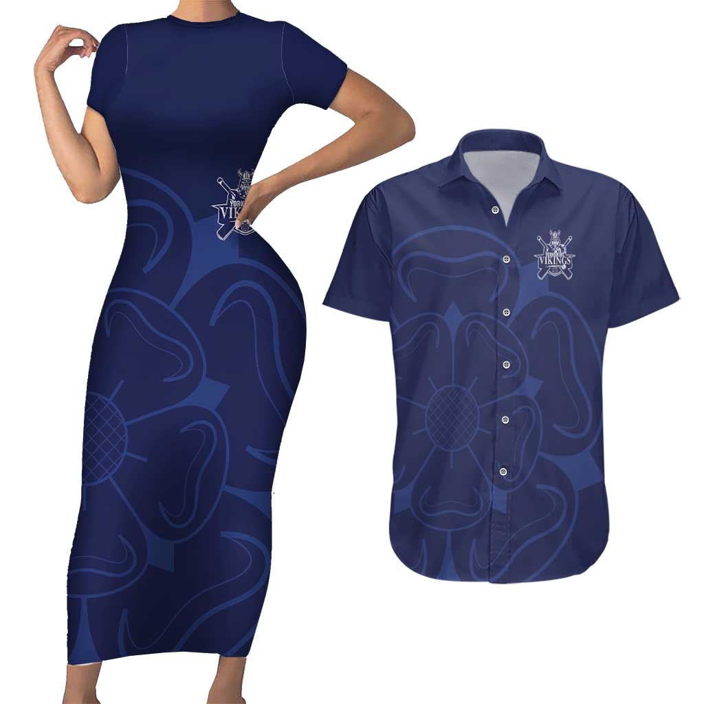 Custom Yorkshire Viking Spirit Couples Matching Short Sleeve Bodycon Dress and Hawaiian Shirt White Rose of York Navy Version - Wonder Print Shop