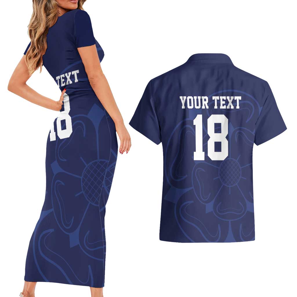 Custom Yorkshire Viking Spirit Couples Matching Short Sleeve Bodycon Dress and Hawaiian Shirt White Rose of York Navy Version - Wonder Print Shop