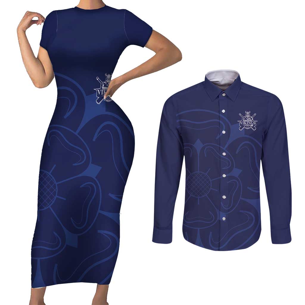 Custom Yorkshire Viking Spirit Couples Matching Short Sleeve Bodycon Dress and Long Sleeve Button Shirt White Rose of York Navy Version - Wonder Print Shop