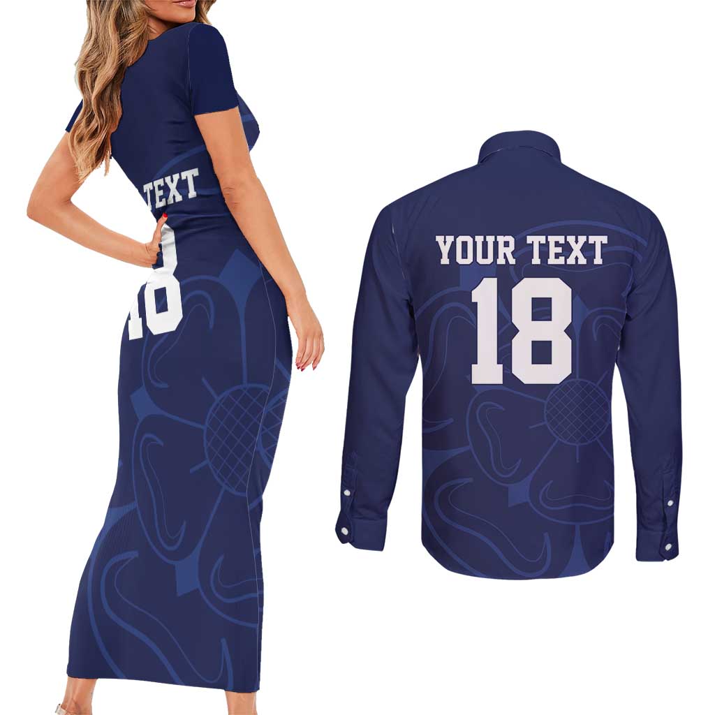 Custom Yorkshire Viking Spirit Couples Matching Short Sleeve Bodycon Dress and Long Sleeve Button Shirt White Rose of York Navy Version - Wonder Print Shop