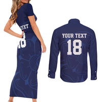 Custom Yorkshire Viking Spirit Couples Matching Short Sleeve Bodycon Dress and Long Sleeve Button Shirt White Rose of York Navy Version - Wonder Print Shop