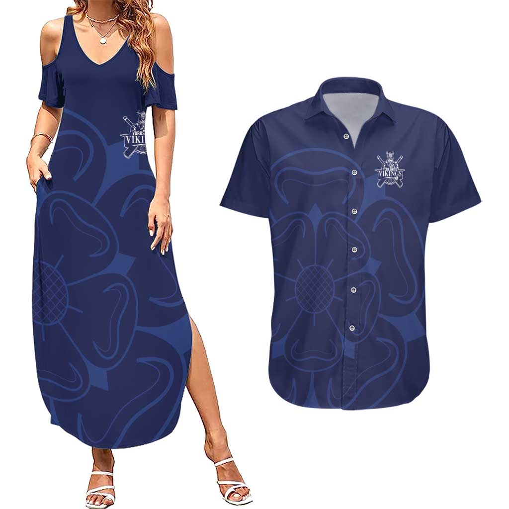 Custom Yorkshire Viking Spirit Couples Matching Summer Maxi Dress and Hawaiian Shirt White Rose of York Navy Version - Wonder Print Shop