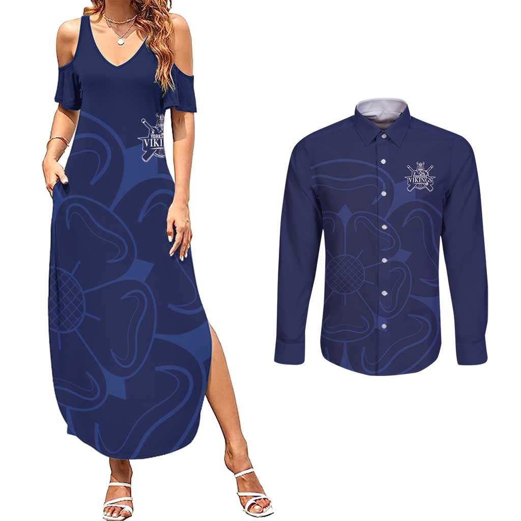 Custom Yorkshire Viking Spirit Couples Matching Summer Maxi Dress and Long Sleeve Button Shirt White Rose of York Navy Version - Wonder Print Shop