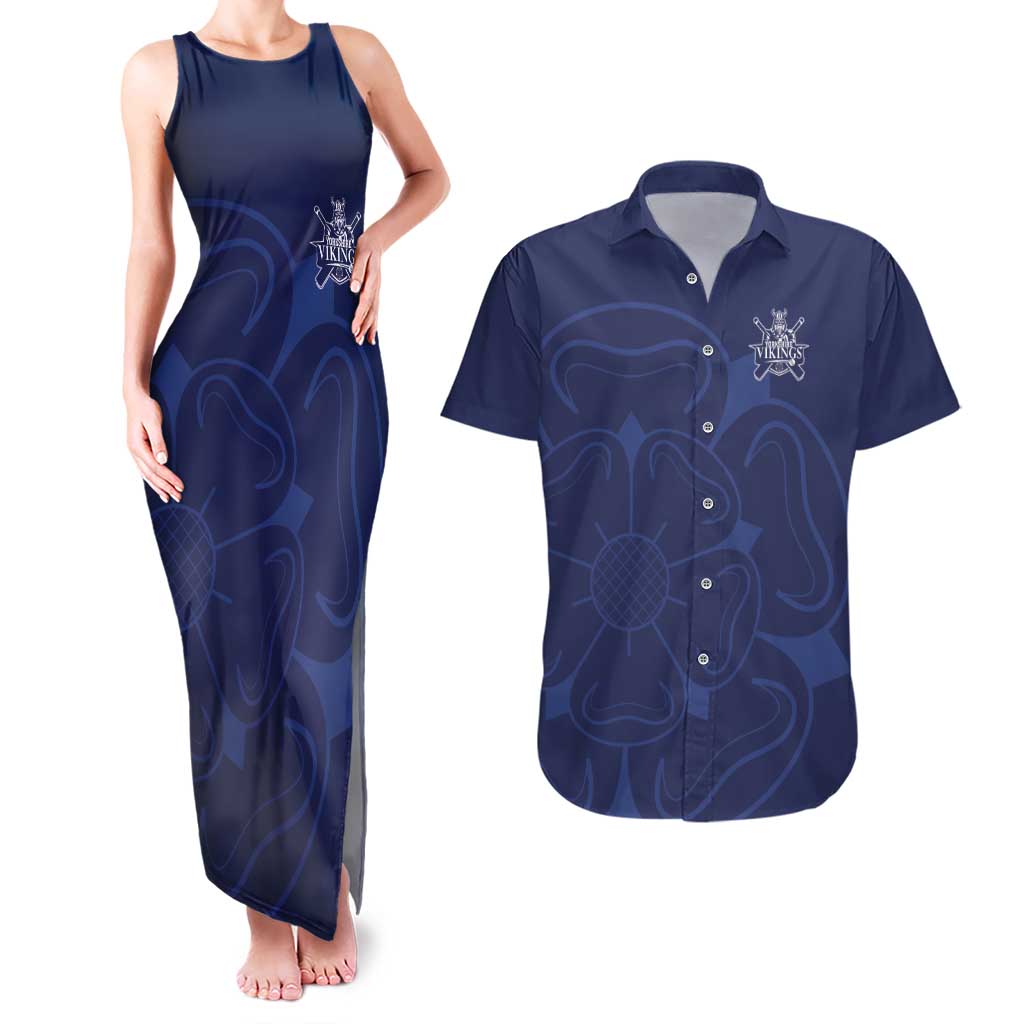 Custom Yorkshire Viking Spirit Couples Matching Tank Maxi Dress and Hawaiian Shirt White Rose of York Navy Version - Wonder Print Shop