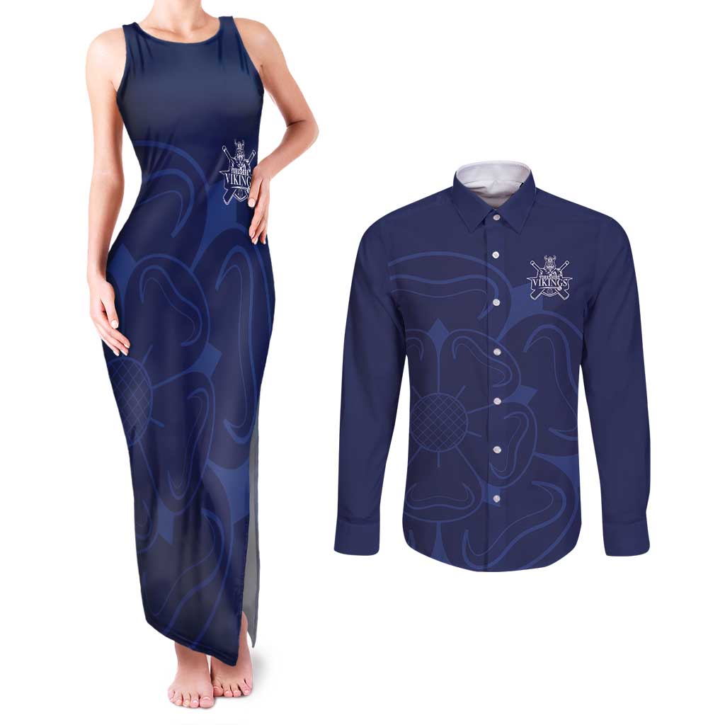 Custom Yorkshire Viking Spirit Couples Matching Tank Maxi Dress and Long Sleeve Button Shirt White Rose of York Navy Version - Wonder Print Shop