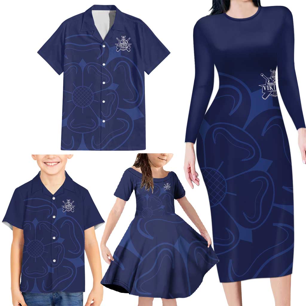 Custom Yorkshire Viking Spirit Family Matching Long Sleeve Bodycon Dress and Hawaiian Shirt White Rose of York Navy Version - Wonder Print Shop