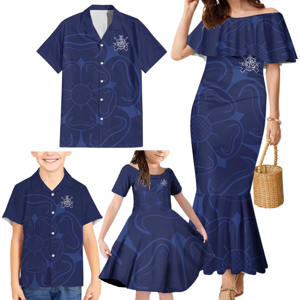Custom Yorkshire Viking Spirit Family Matching Mermaid Dress and Hawaiian Shirt White Rose of York Navy Version - Wonder Print Shop