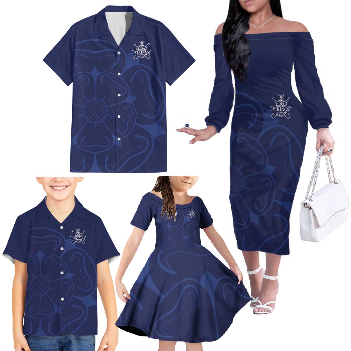 Custom Yorkshire Viking Spirit Family Matching Off The Shoulder Long Sleeve Dress and Hawaiian Shirt White Rose of York Navy Version - Wonder Print Shop