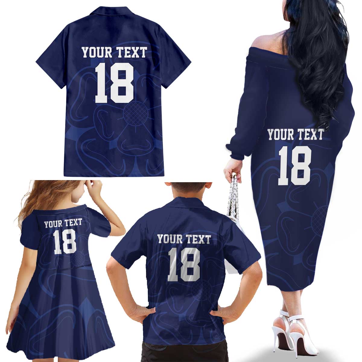 Custom Yorkshire Viking Spirit Family Matching Off The Shoulder Long Sleeve Dress and Hawaiian Shirt White Rose of York Navy Version - Wonder Print Shop