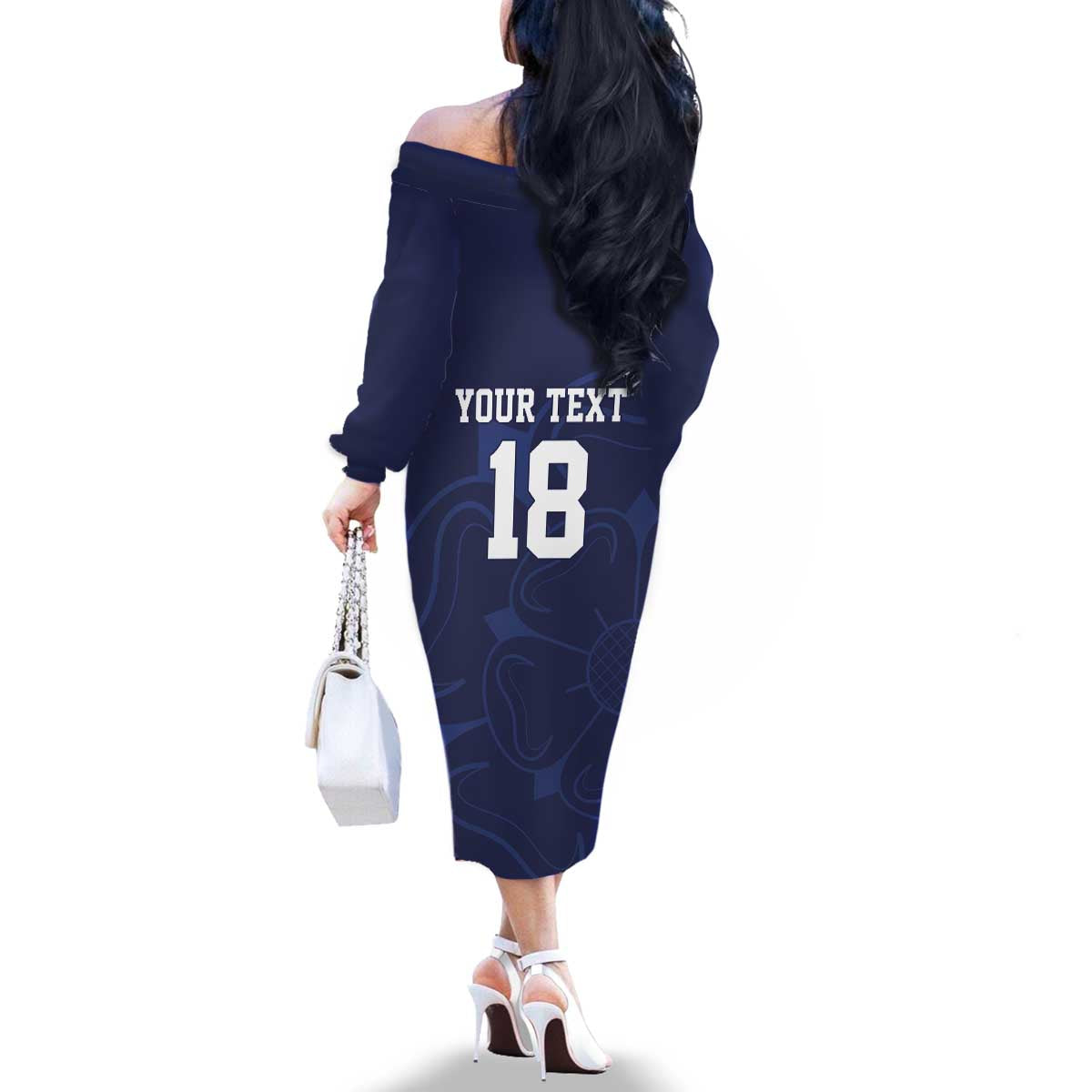 Custom Yorkshire Viking Spirit Family Matching Off The Shoulder Long Sleeve Dress and Hawaiian Shirt White Rose of York Navy Version - Wonder Print Shop