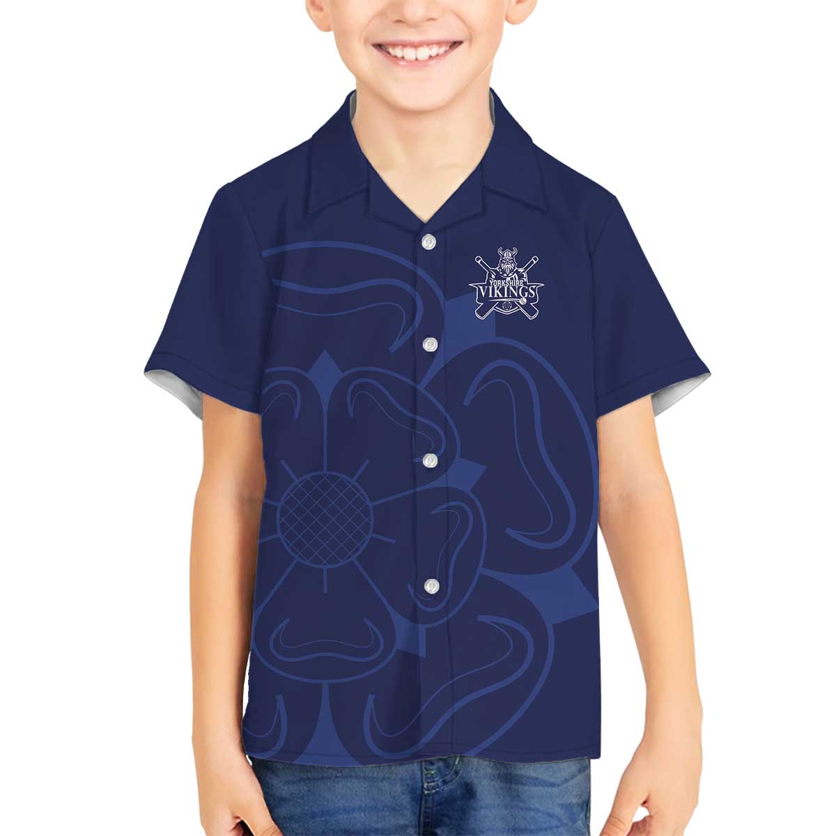 Custom Yorkshire Viking Spirit Family Matching Off The Shoulder Long Sleeve Dress and Hawaiian Shirt White Rose of York Navy Version - Wonder Print Shop