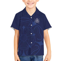 Custom Yorkshire Viking Spirit Family Matching Off The Shoulder Long Sleeve Dress and Hawaiian Shirt White Rose of York Navy Version - Wonder Print Shop