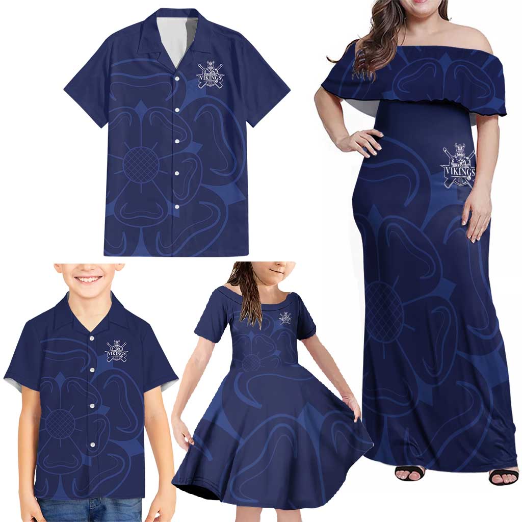 Custom Yorkshire Viking Spirit Family Matching Off Shoulder Maxi Dress and Hawaiian Shirt White Rose of York Navy Version - Wonder Print Shop
