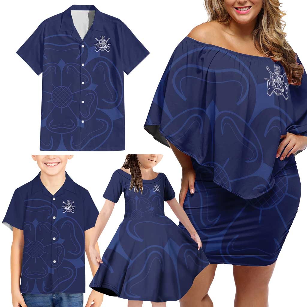 Custom Yorkshire Viking Spirit Family Matching Off Shoulder Short Dress and Hawaiian Shirt White Rose of York Navy Version - Wonder Print Shop