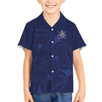 Custom Yorkshire Viking Spirit Family Matching Off Shoulder Short Dress and Hawaiian Shirt White Rose of York Navy Version - Wonder Print Shop