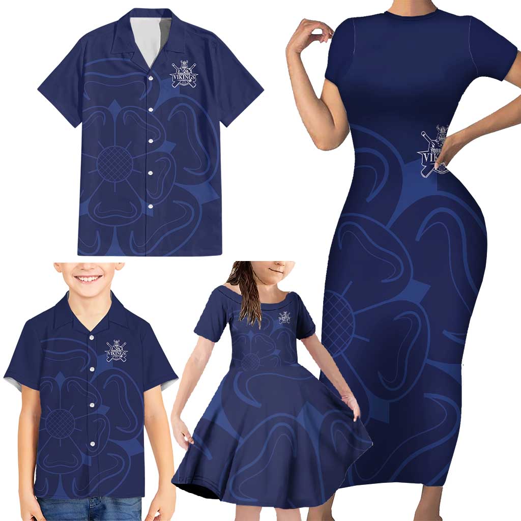 Custom Yorkshire Viking Spirit Family Matching Short Sleeve Bodycon Dress and Hawaiian Shirt White Rose of York Navy Version - Wonder Print Shop