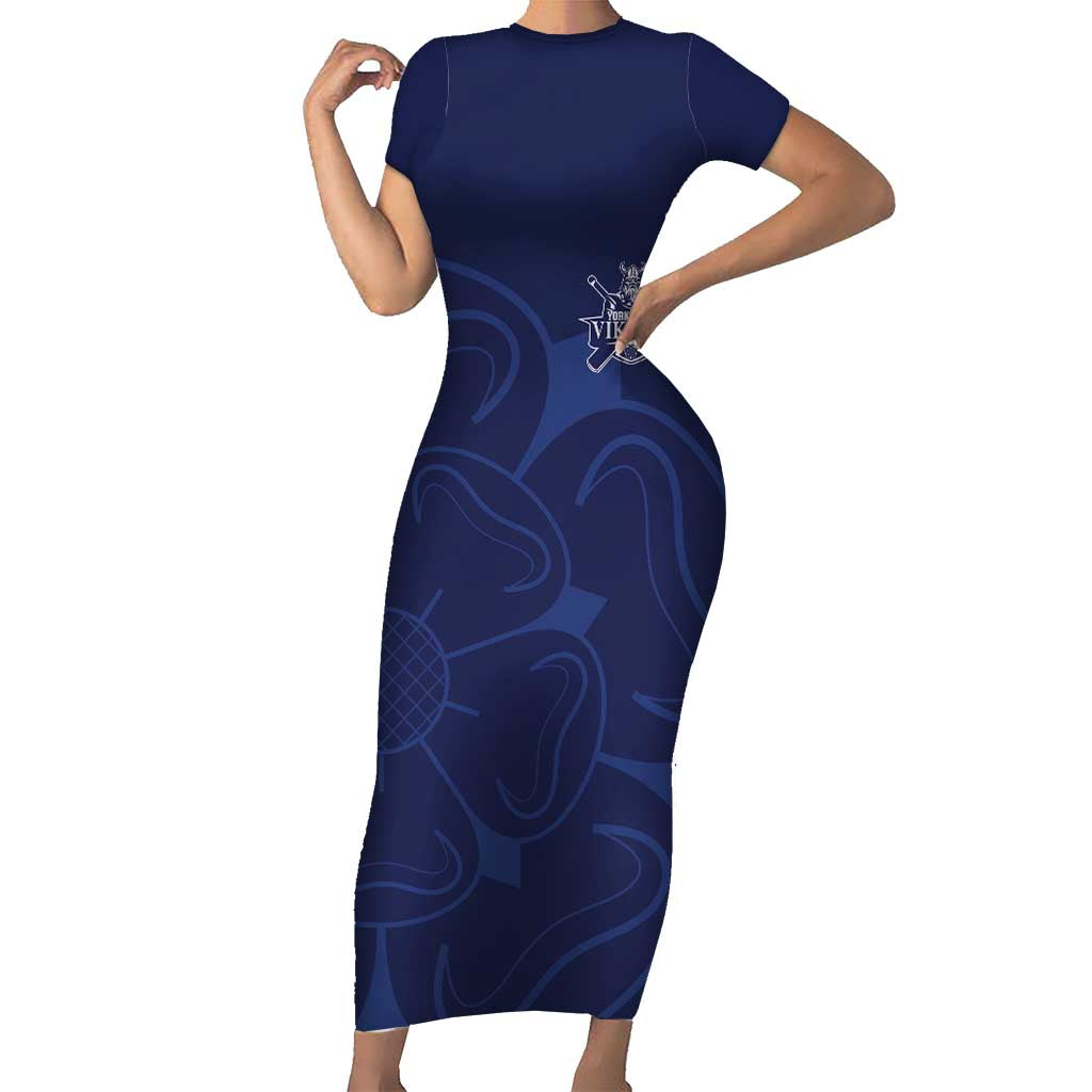 Custom Yorkshire Viking Spirit Family Matching Short Sleeve Bodycon Dress and Hawaiian Shirt White Rose of York Navy Version - Wonder Print Shop