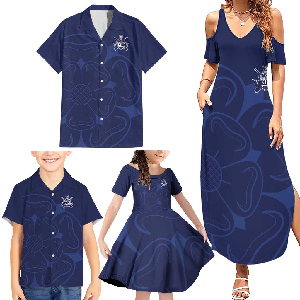 Custom Yorkshire Viking Spirit Family Matching Summer Maxi Dress and Hawaiian Shirt White Rose of York Navy Version - Wonder Print Shop