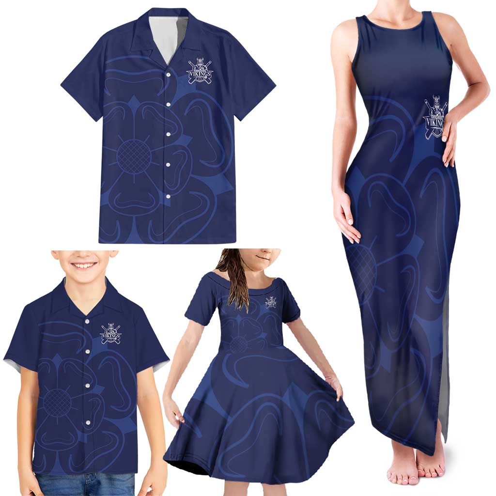 Custom Yorkshire Viking Spirit Family Matching Tank Maxi Dress and Hawaiian Shirt White Rose of York Navy Version - Wonder Print Shop