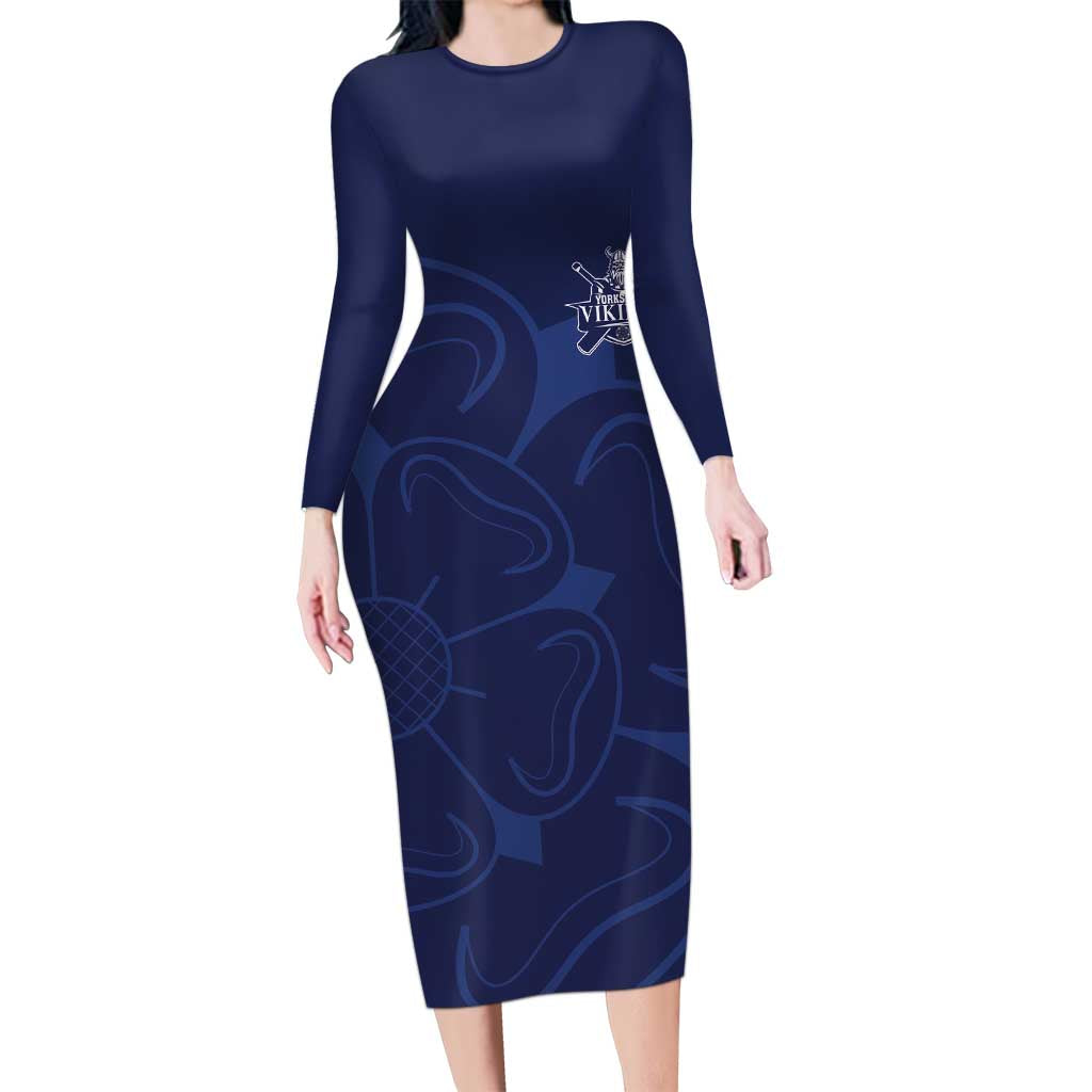 Custom Yorkshire Viking Spirit Long Sleeve Bodycon Dress White Rose of York Navy Version - Wonder Print Shop