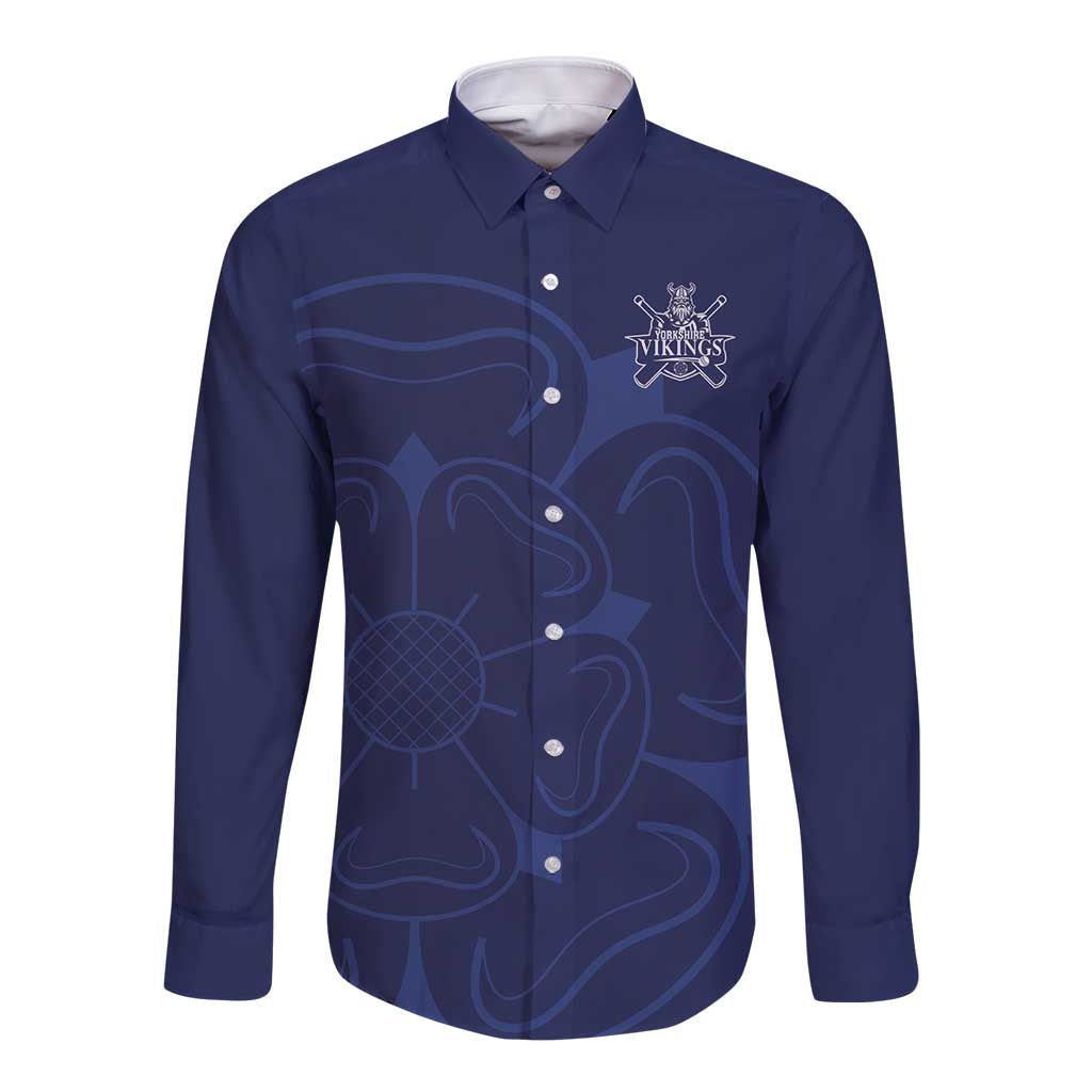 Custom Yorkshire Viking Spirit Long Sleeve Button Shirt White Rose of York Navy Version - Wonder Print Shop