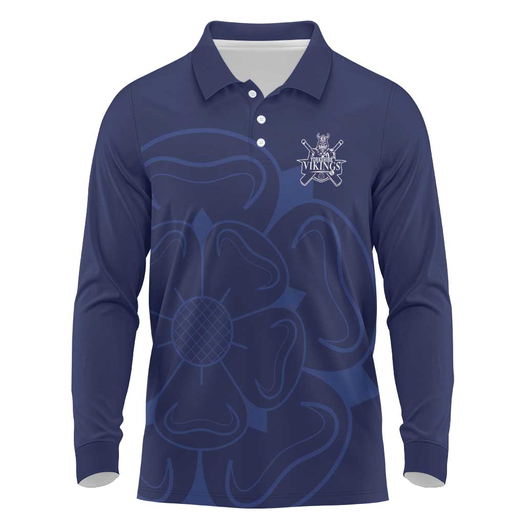 Custom Yorkshire Viking Spirit Long Sleeve Polo Shirt White Rose of York Navy Version - Wonder Print Shop