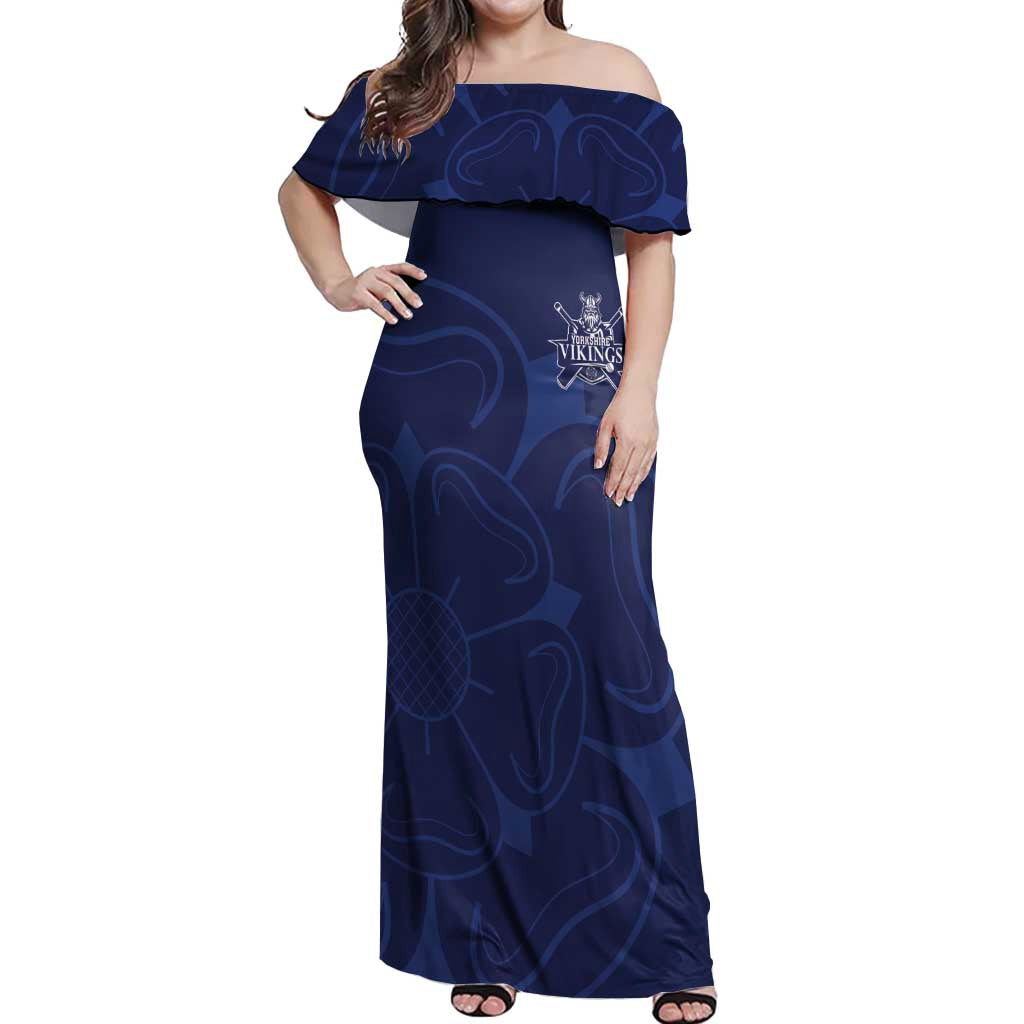 Custom Yorkshire Viking Spirit Off Shoulder Maxi Dress White Rose of York Navy Version - Wonder Print Shop