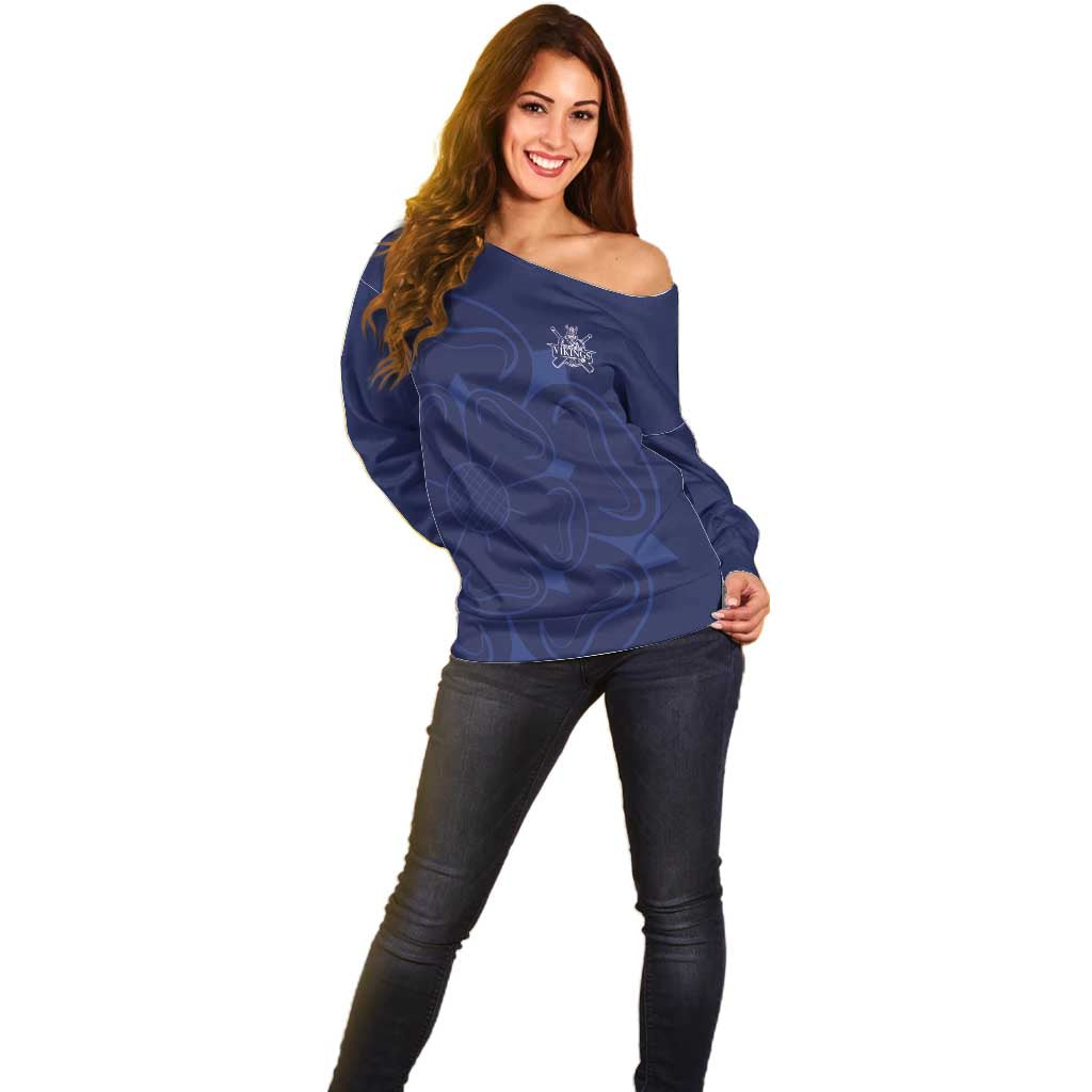 Custom Yorkshire Viking Spirit Off Shoulder Sweater White Rose of York Navy Version - Wonder Print Shop