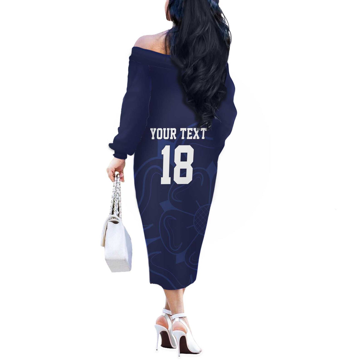 Custom Yorkshire Viking Spirit Off The Shoulder Long Sleeve Dress White Rose of York Navy Version - Wonder Print Shop