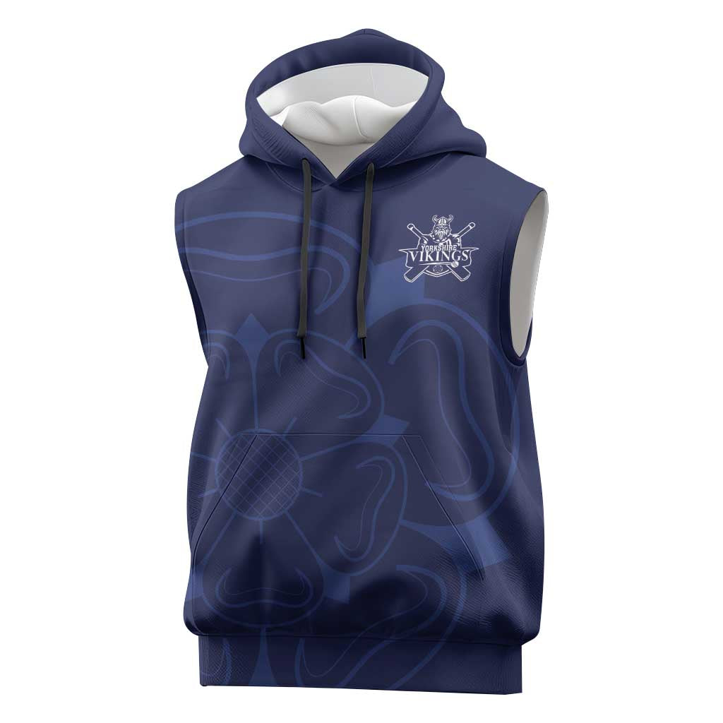 Custom Yorkshire Viking Spirit Sleeveless Hoodie White Rose of York Navy Version - Wonder Print Shop