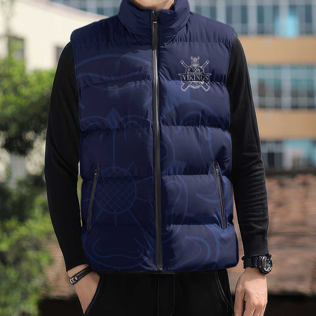 Custom Yorkshire Viking Spirit Sleeveless Puffer Jacket White Rose of York Navy Version - Wonder Print Shop
