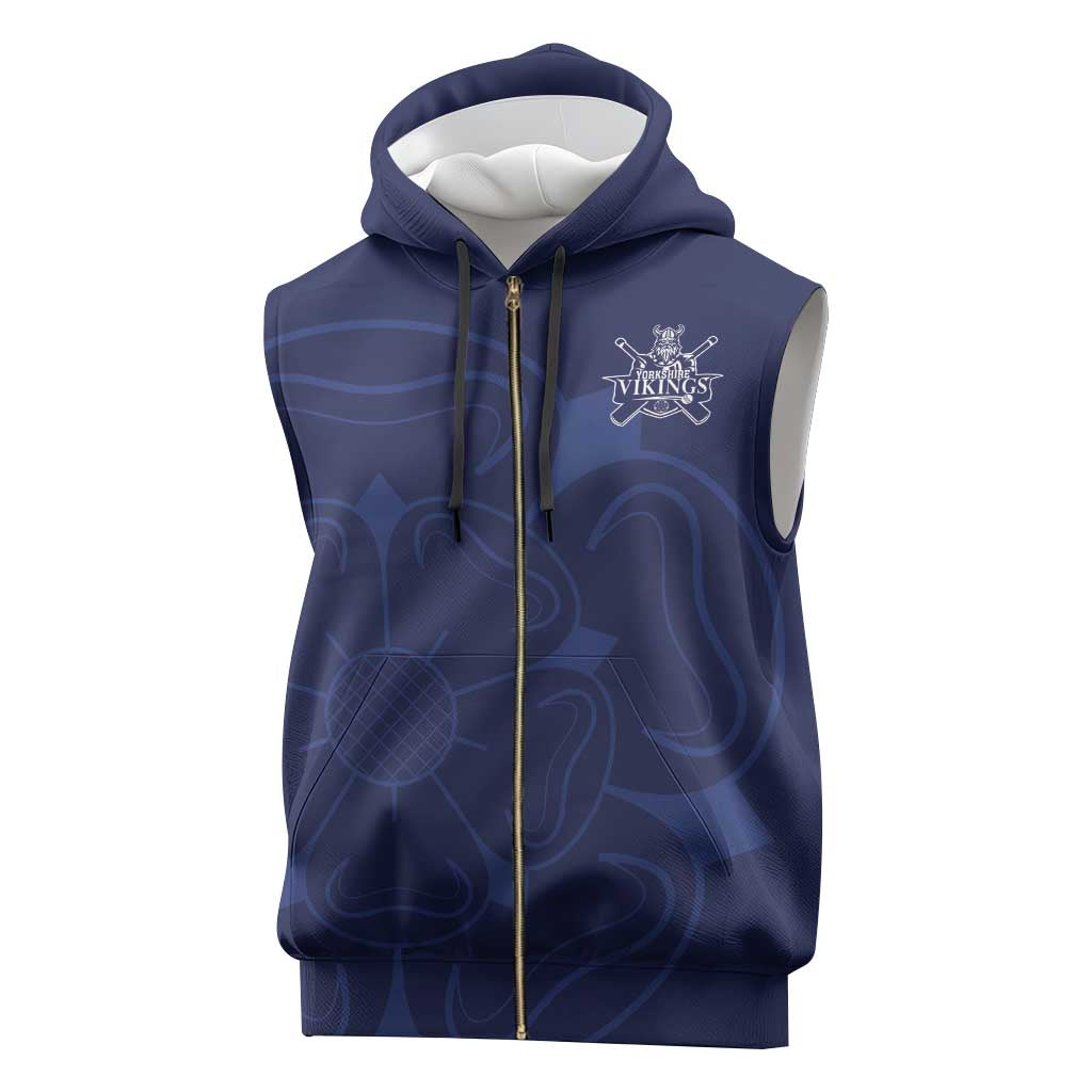 Custom Yorkshire Viking Spirit Sleeveless Zip Hoodie White Rose of York Navy Version - Wonder Print Shop