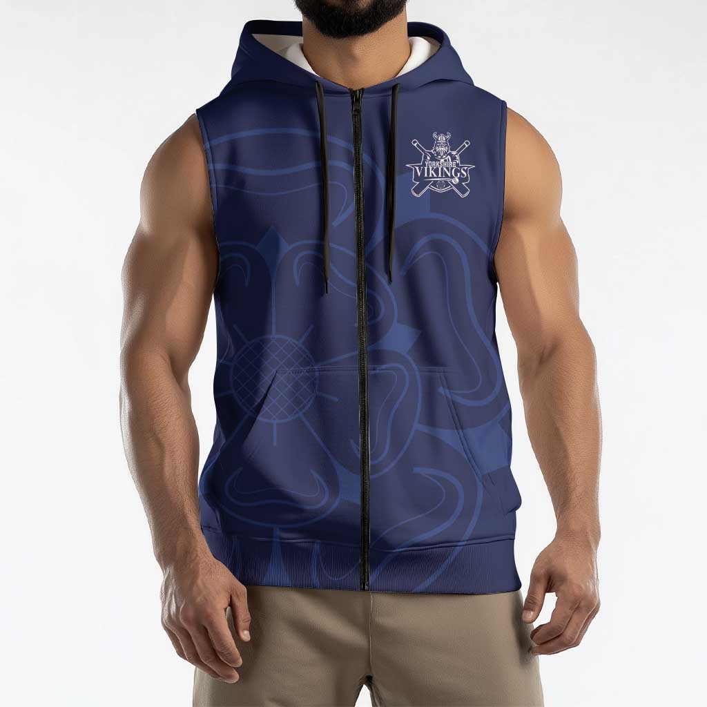 Custom Yorkshire Viking Spirit Sleeveless Zip Hoodie White Rose of York Navy Version - Wonder Print Shop