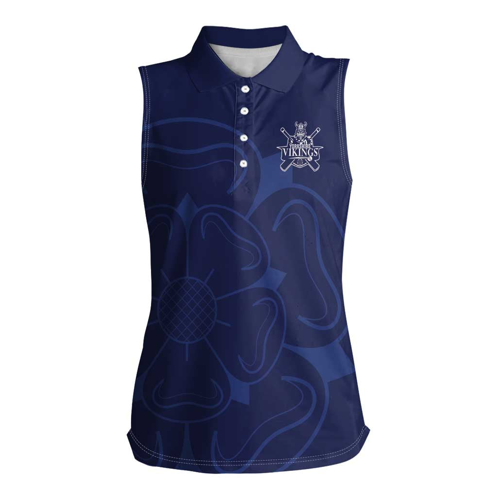 Custom Yorkshire Viking Spirit Women Sleeveless Polo Shirt White Rose of York Navy Version - Wonder Print Shop