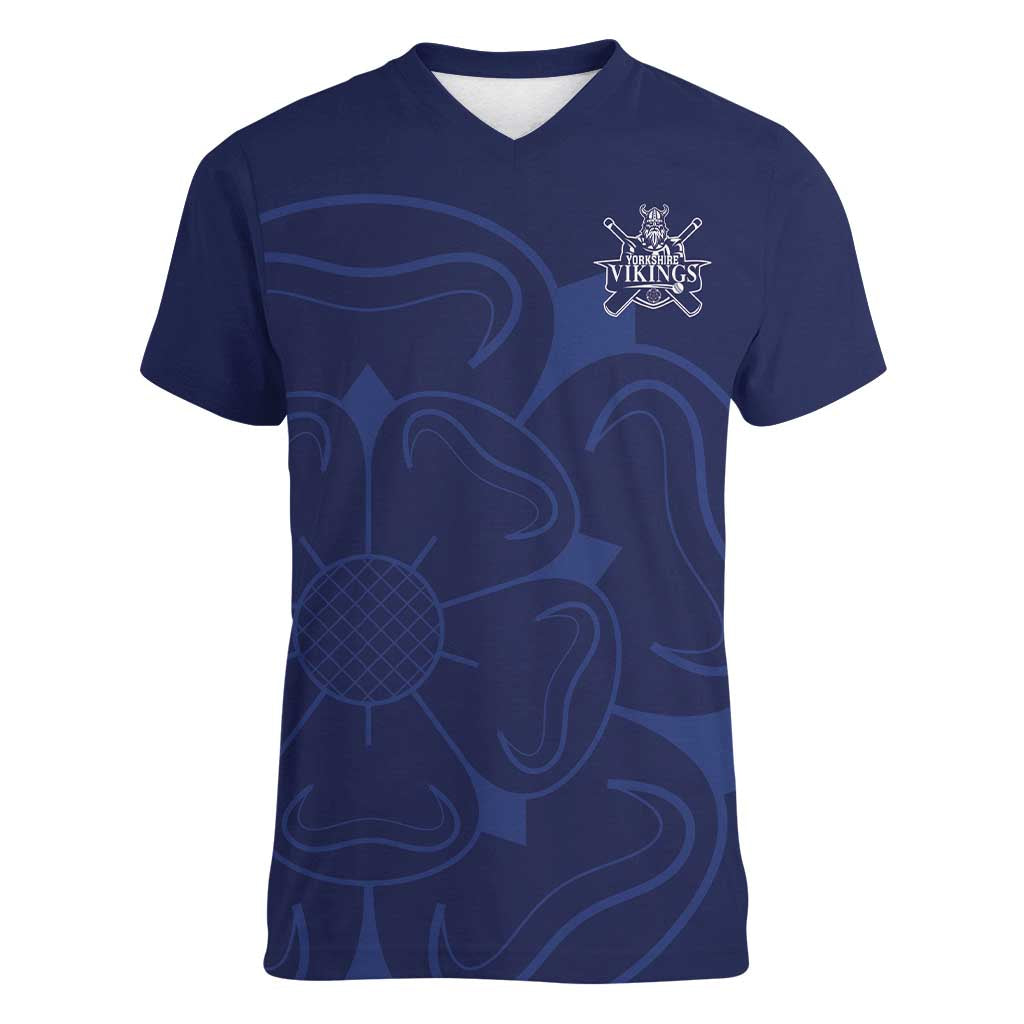 Custom Yorkshire Viking Spirit Women V-Neck T-Shirt White Rose of York Navy Version - Wonder Print Shop