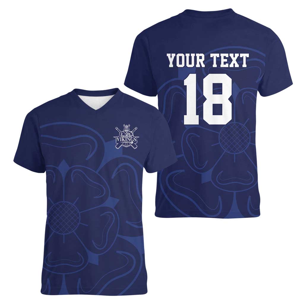 Custom Yorkshire Viking Spirit Women V-Neck T-Shirt White Rose of York Navy Version - Wonder Print Shop