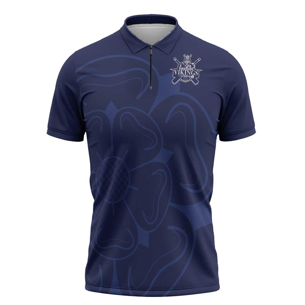 Custom Yorkshire Viking Spirit Zipper Polo Shirt White Rose of York Navy Version - Wonder Print Shop