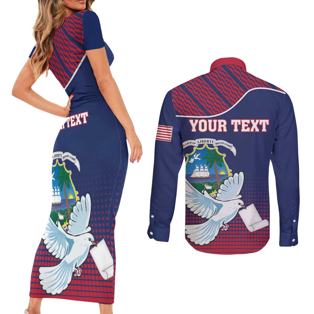 Personalized Liberia White Dove With A Scroll Couples Matching Short Sleeve Bodycon Dress and Long Sleeve Button Shirt Coat Of Arms - Wonder Print Shop