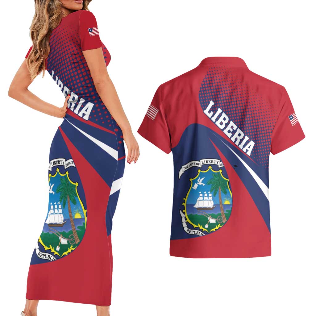 Liberia Coat Of Arms Couples Matching Short Sleeve Bodycon Dress and Hawaiian Shirt Red Version - Wonder Print Shop